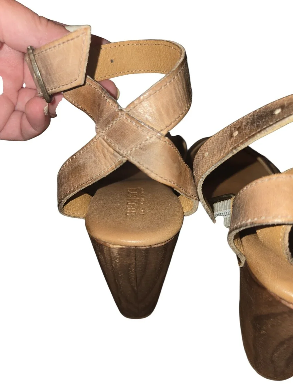 Bed Stu Wood Platform Wedge Sandals — Brown Leather Crisscross Straps, Buckle St
